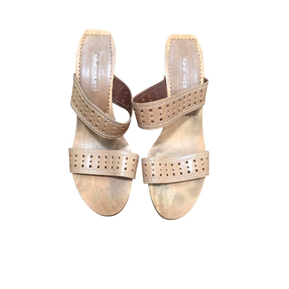 Nine West Tan Wood Platform Block Perforated Leather Heeled Sandals Size 9